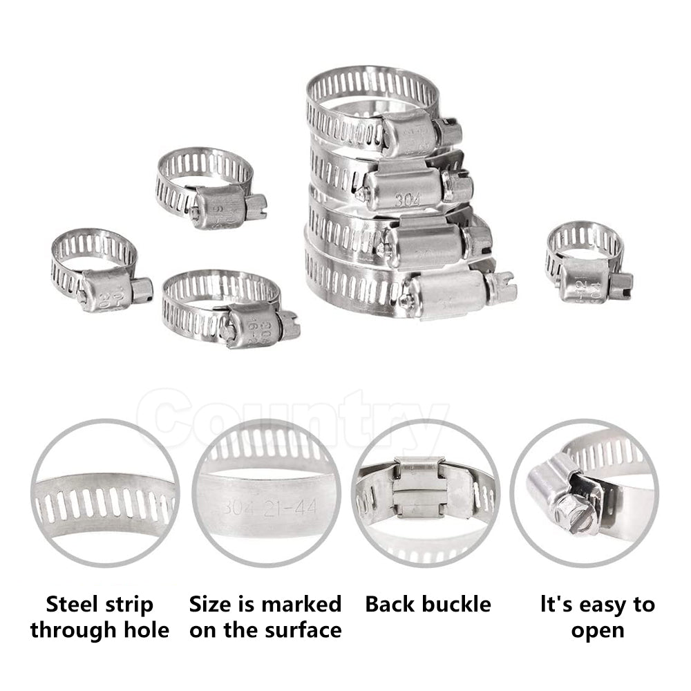 61X Stainless Steel Hose Clamps Clips Adjustable Range Worm Gear Pipe Clamp Kit