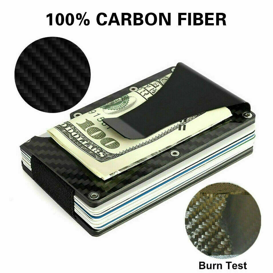 Men Slim Carbon Fiber Credit Card Holder RFID Blocking Metal Money Clip Wallet