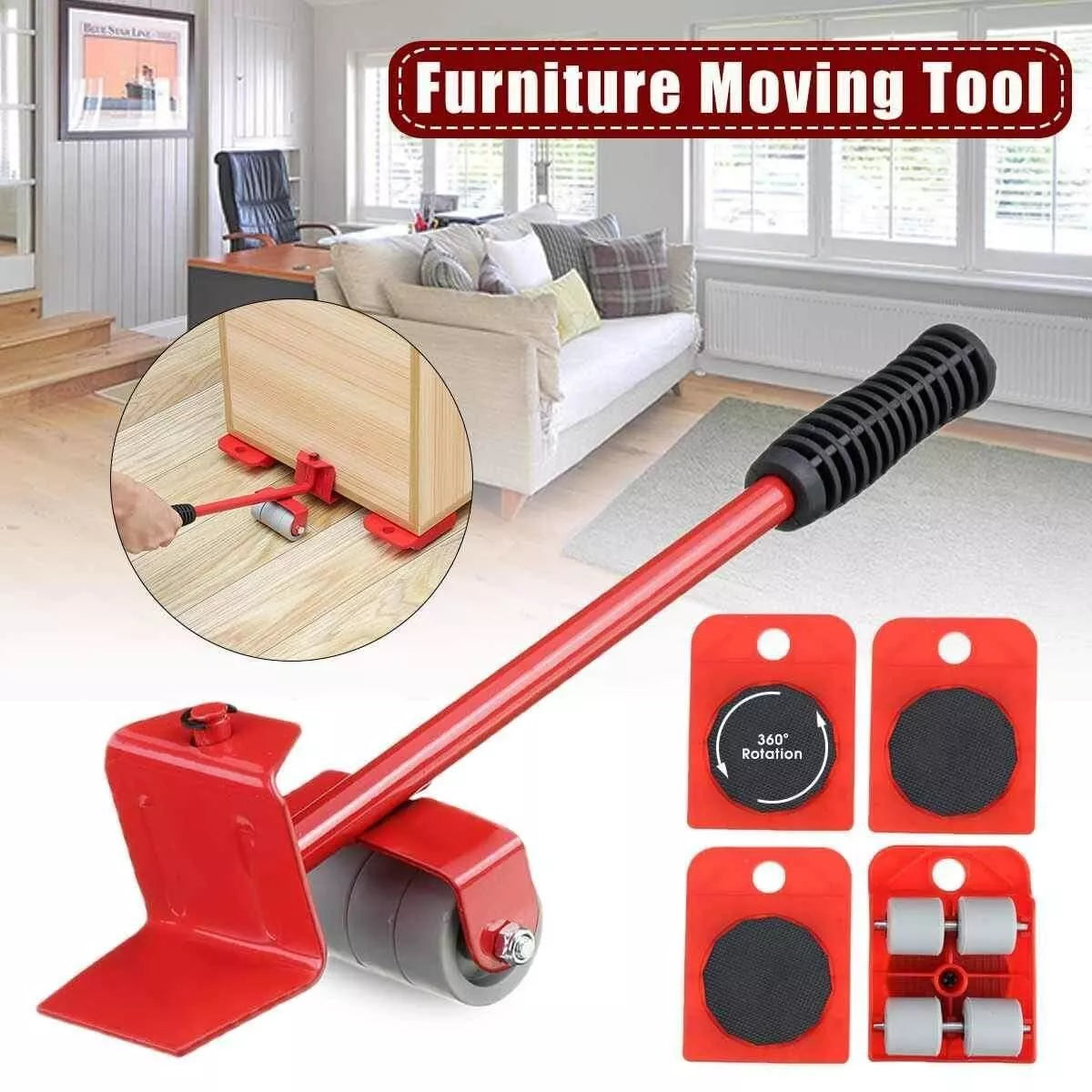 Furniture Lifter Heavy Roller Move Tool Set Crowbar Moving Wheel Mover Slider