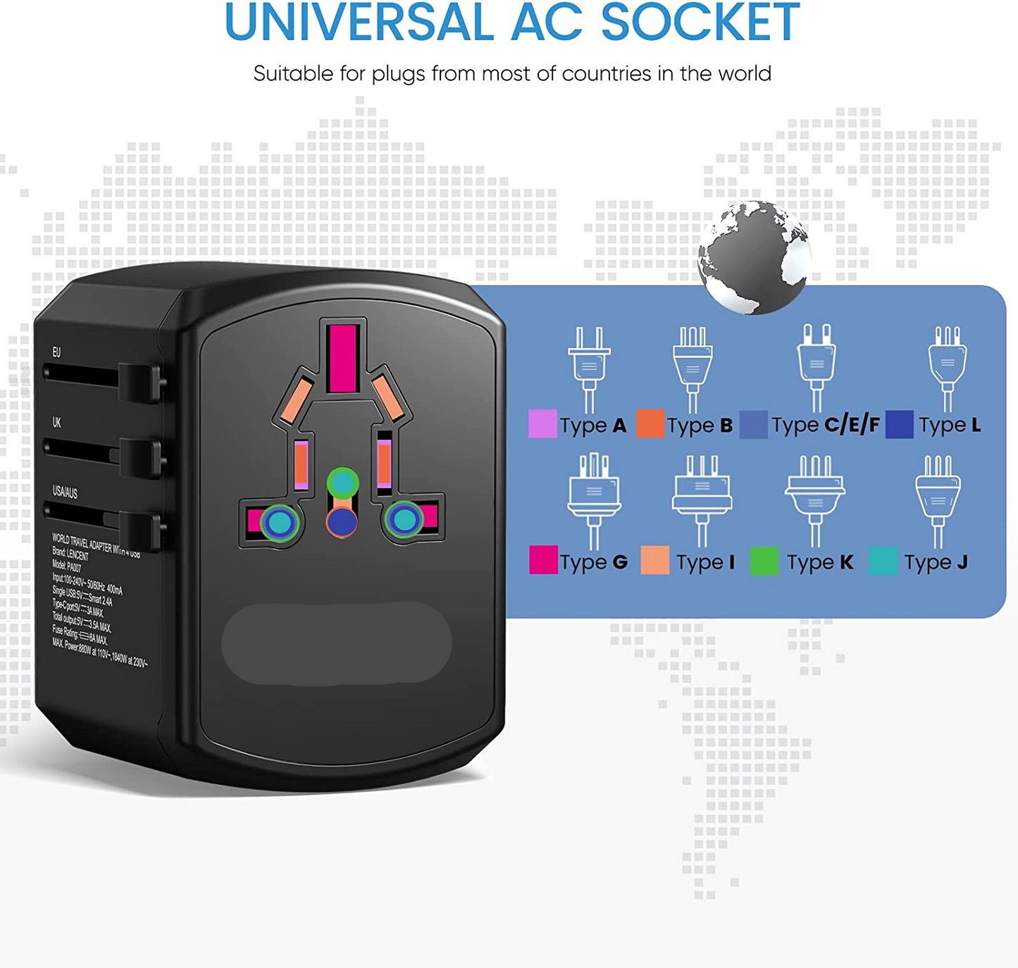 Universal Travel Adapter Charger with 3 USB Ports and Type-C Fast Charging