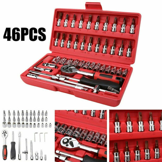 46Pcs Spanner Socket Screwdriver 1/4'' Car Repair Tool Set Ratchet Wrench Box