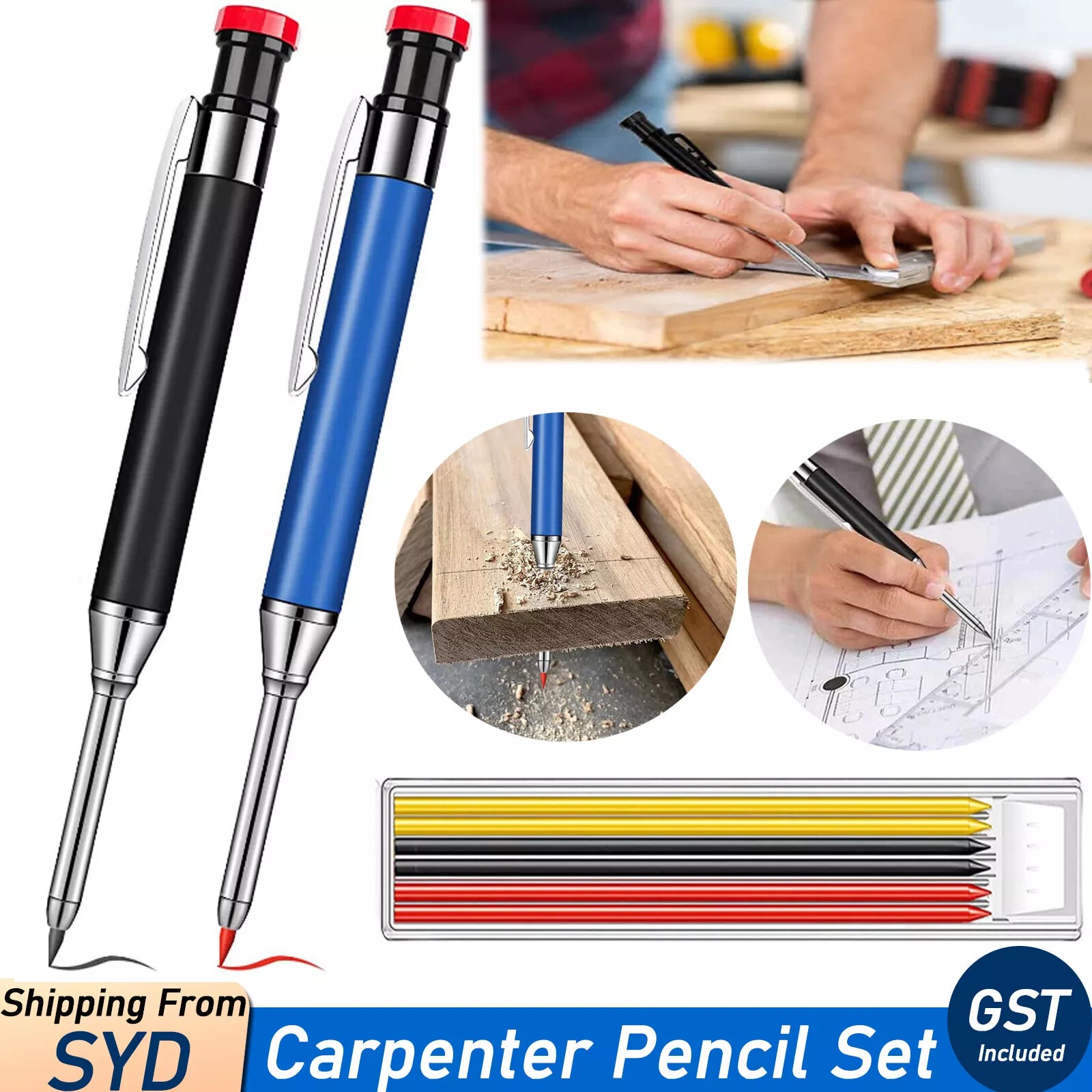 Metal Carpenter Pencil With Refill Leads Built-in Sharpener For Deep Hole Marker