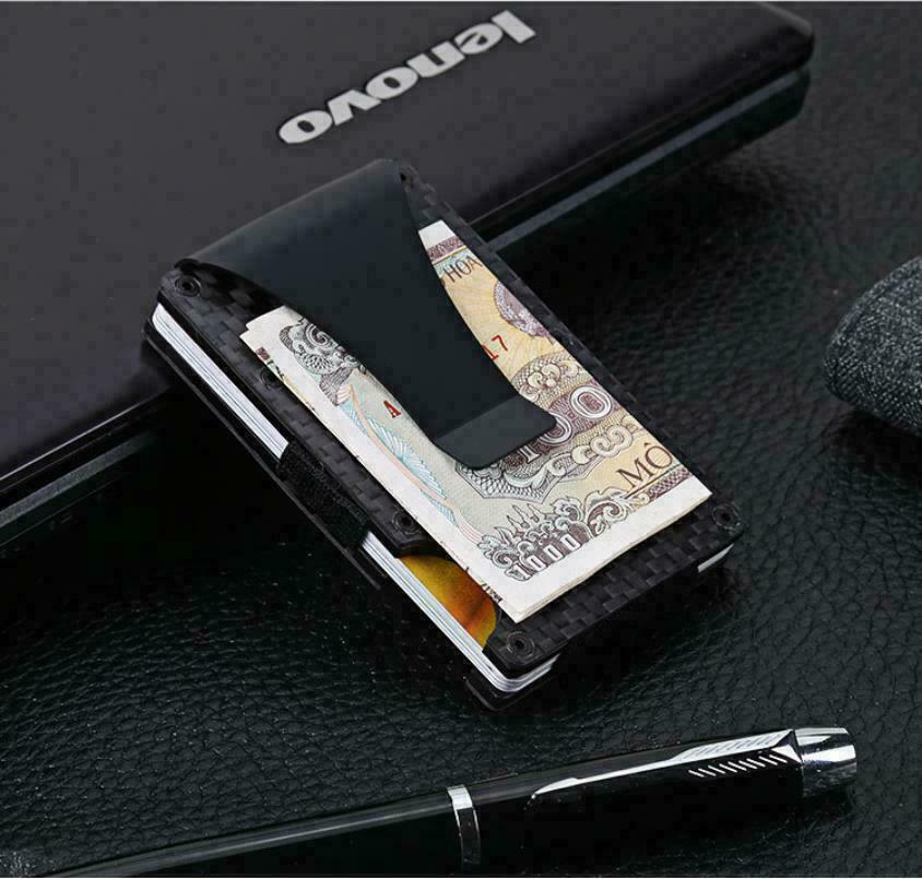 Men Slim Carbon Fiber Credit Card Holder RFID Blocking Metal Money Clip Wallet