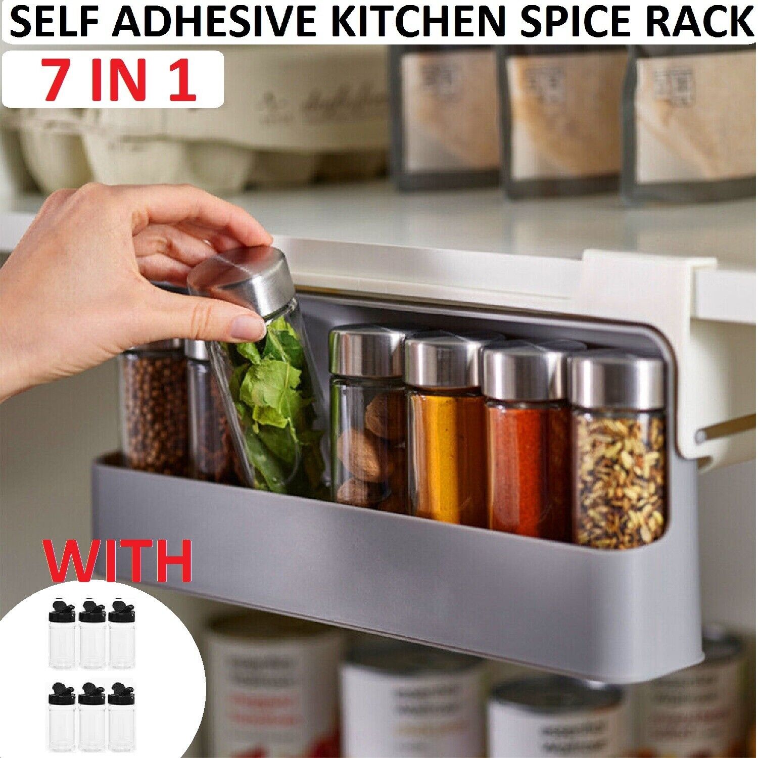 7 in 1 Self Adhesive Kitchen Spice Rack Jar Rack Organiser Storage Holder Shelf