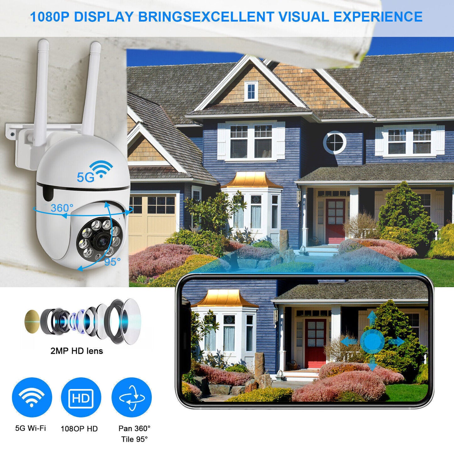 1080P WIFI IP Camera Wireless Outdoor CCTV HD PTZ Smart Home Security IR Camera