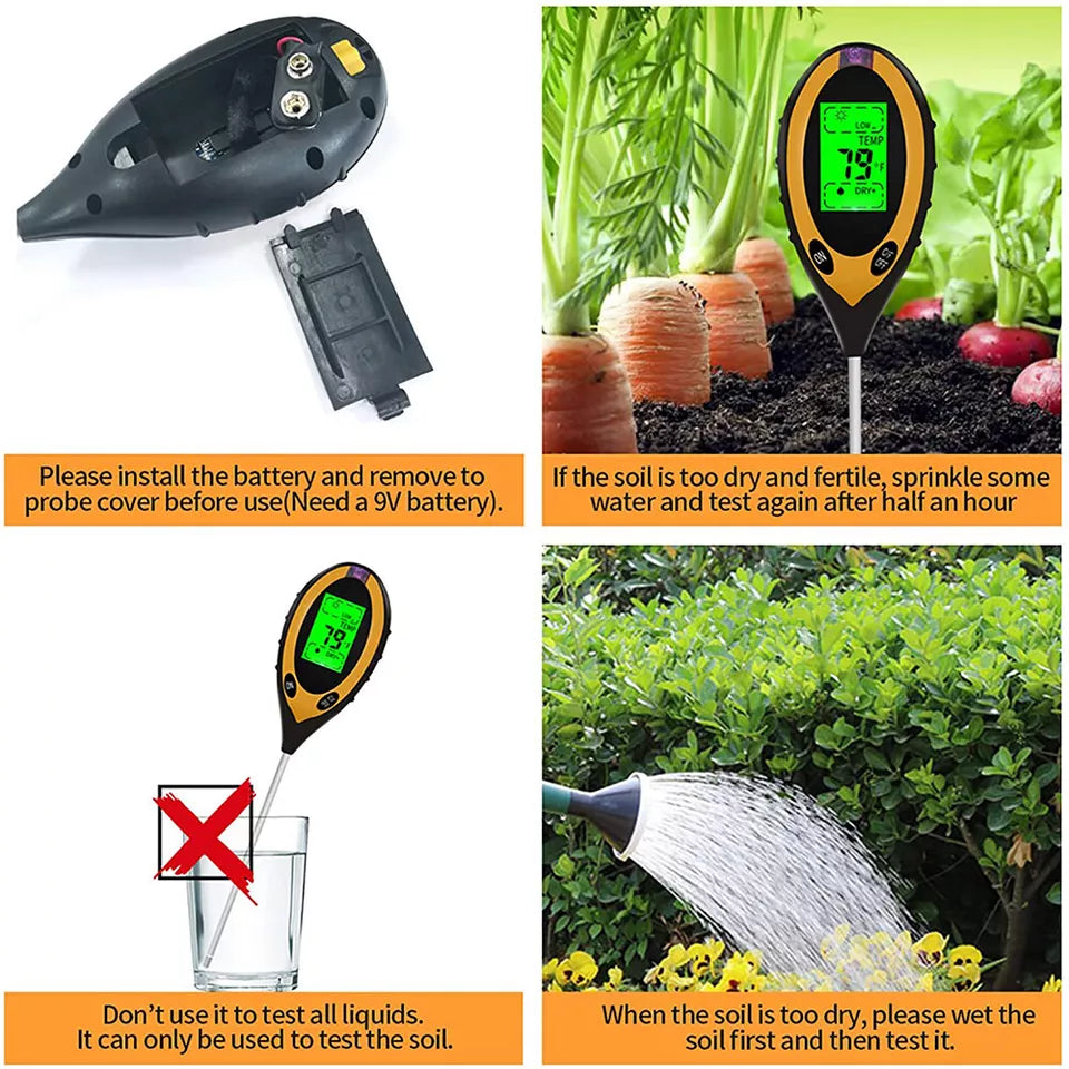 4 in 1 Digital Soil PH Tester Moisture Meter Test Kits Fits Garden Plant Lawns