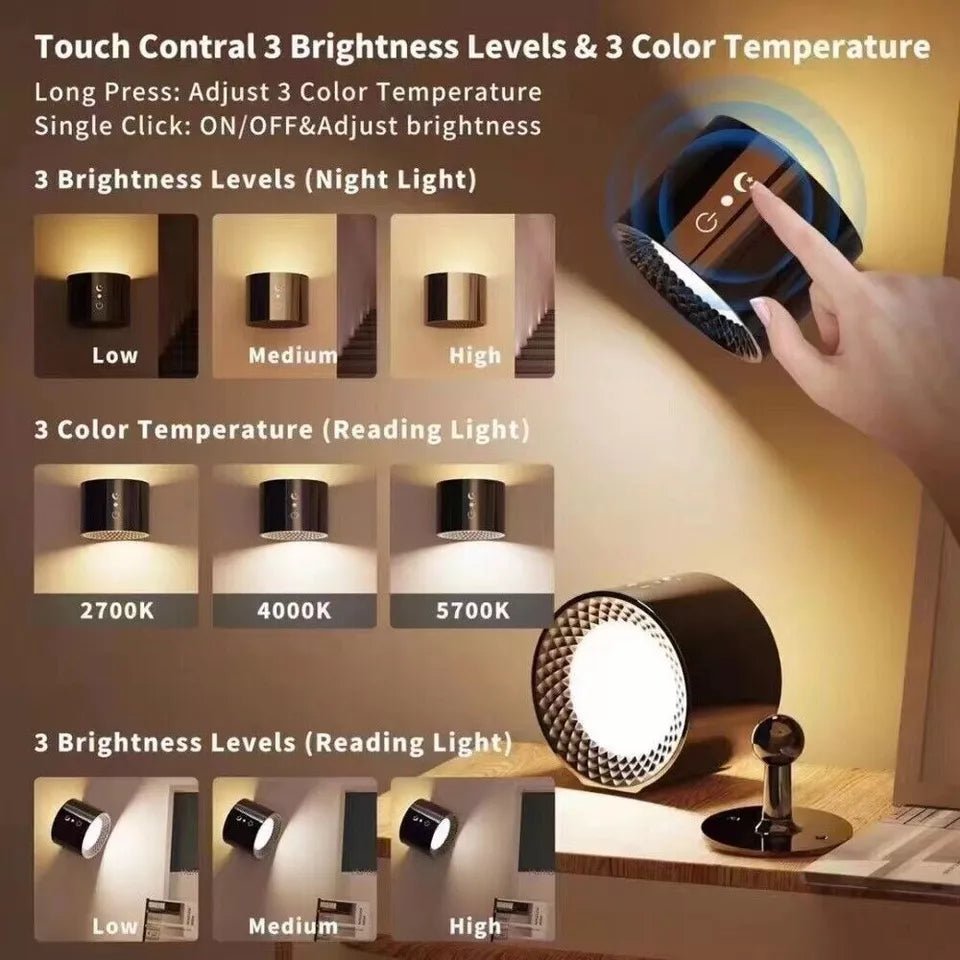 3 Colours LED Wall Rechargeable 360° Rotating Dimmable Magnetic Sconce Light