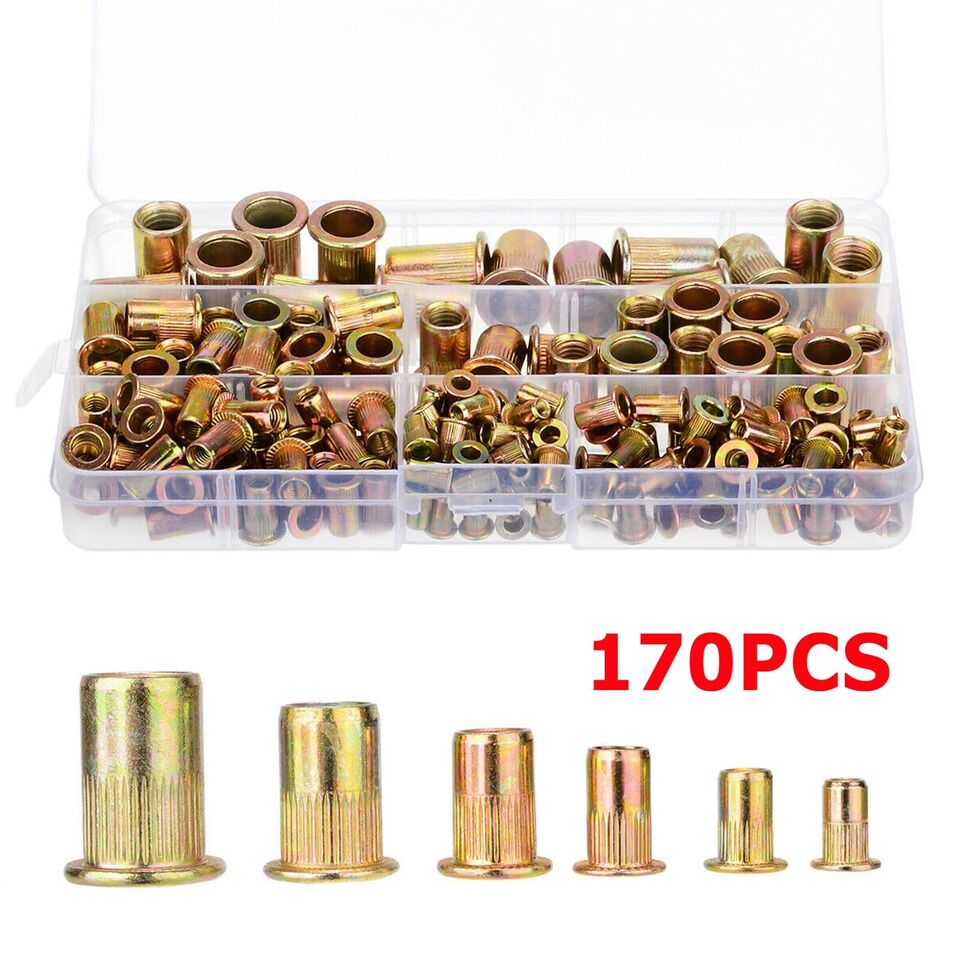 170PC Rivet Nut Kit Mixed Zinc Steel Rivnut Insert Nutsert Threaded Set M3-M12