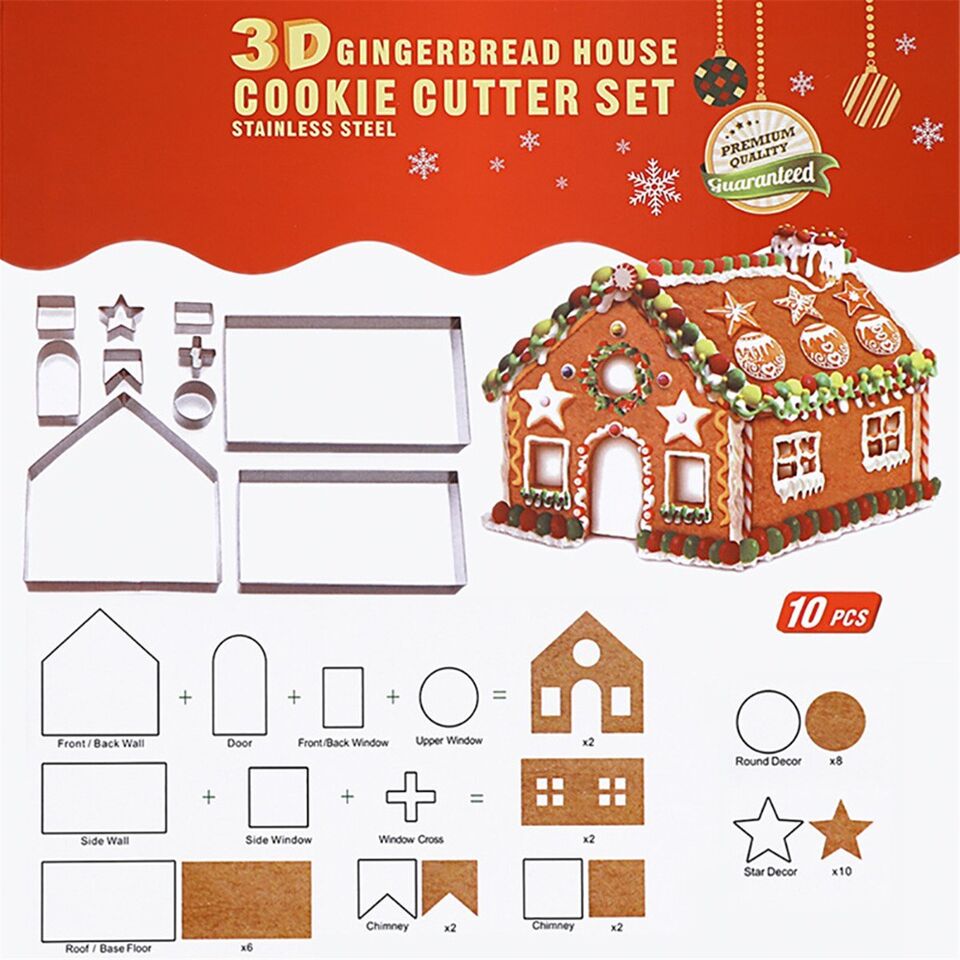 10Pc 3D Gingerbread House Cookie Cutter Stainless Steel Christmas Biscui