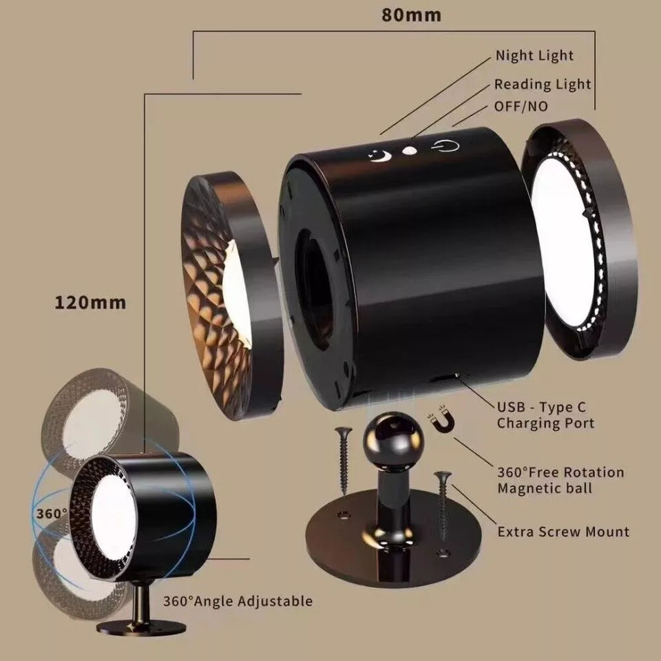 3 Colours LED Wall Rechargeable 360° Rotating Dimmable Magnetic Sconce Light