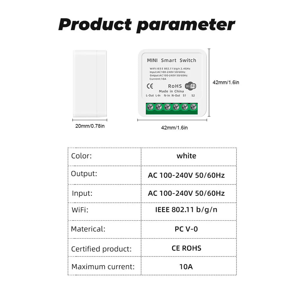 Smart WiFi Light Switch 16 Amp Mini Module Work for APP/Alexa/Google Home