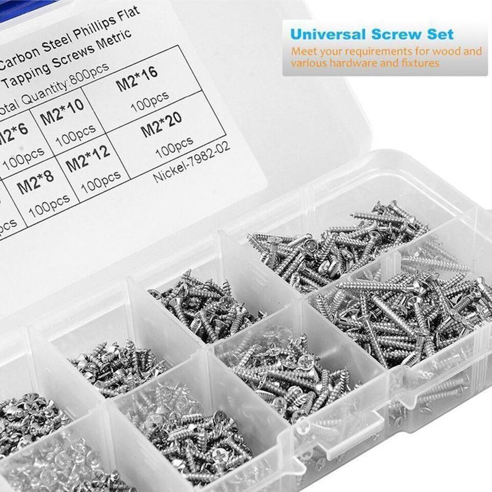 800pcs M2 Flat Head Phillips Assorted Self Tapping Screws Stainless Steel Set Kit