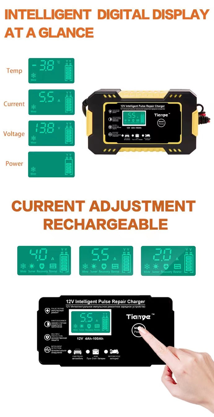 Car Battery Charger 12V Touch LCD Smart Repair Boat Motorcycle Truck