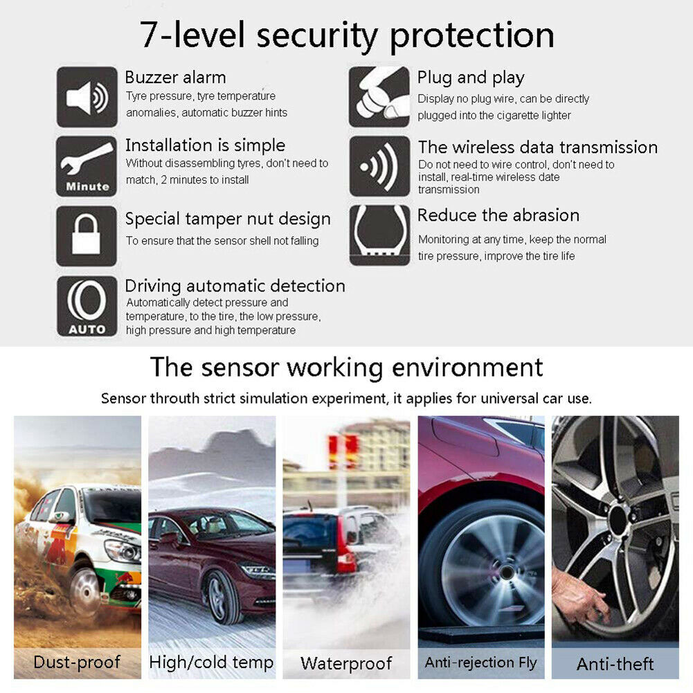 Solar Tyre Pressure Monitoring System TPMS Car LCD + 4 Wireless Sensors