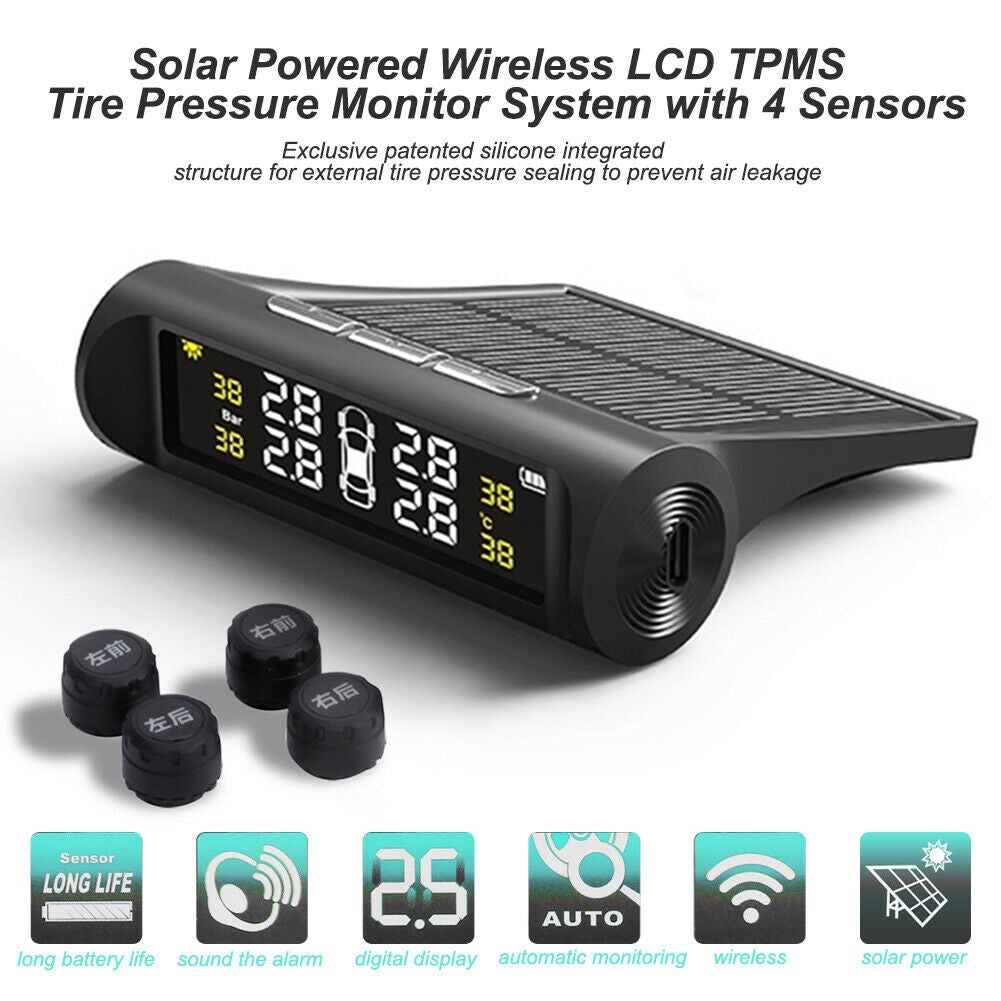 Solar Tyre Pressure Monitoring System TPMS Car LCD + 4 Wireless Sensors