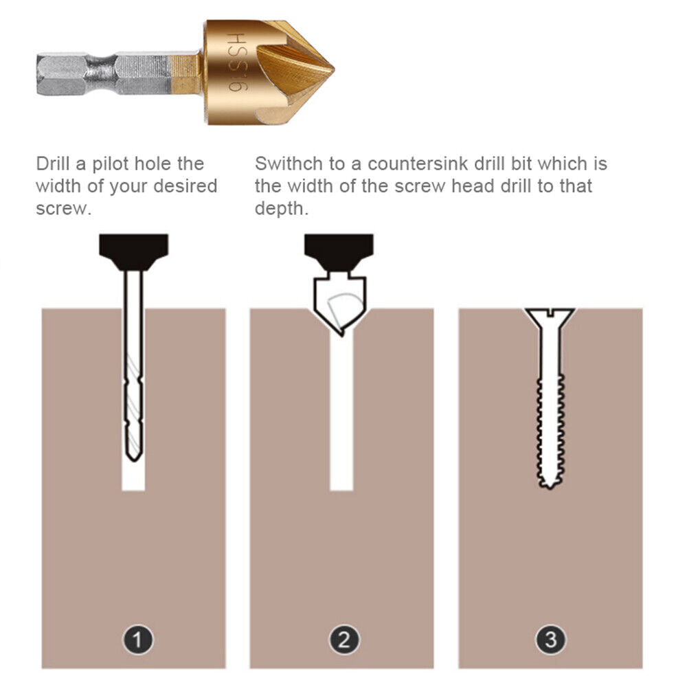 6Pcs 5 Flute 90° HSS Countersink Drill Bit 6-19mm Set Chamfer Cutter For Wood