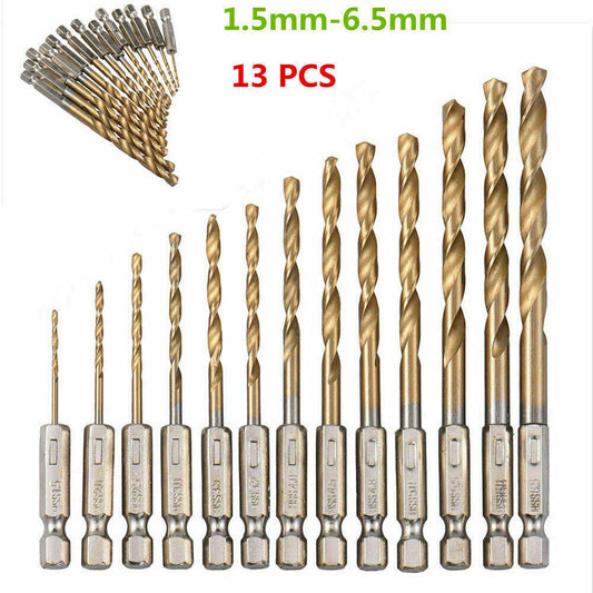 13PC Titanium Coated HSS 1/4" Hex Shank Twist Drill Bit Set for Metal Power Tool