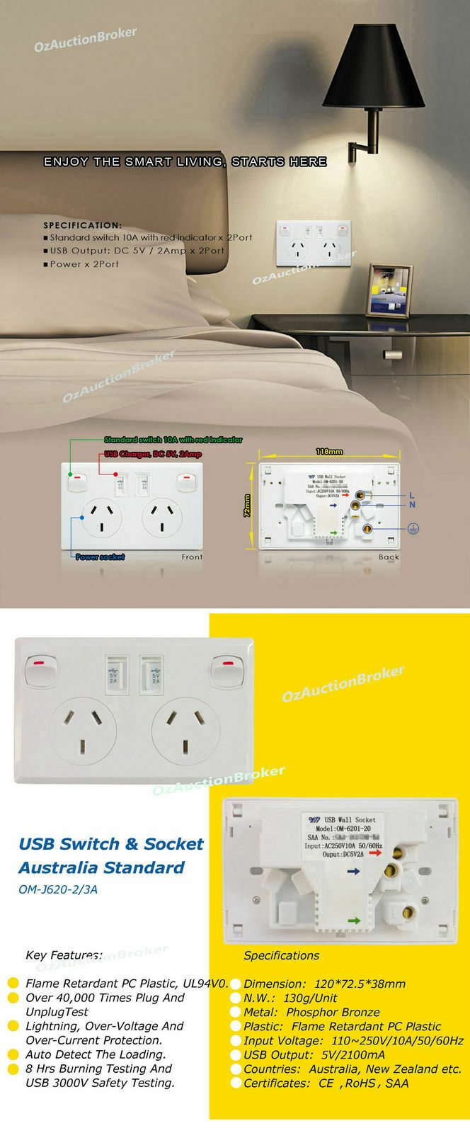 Dual USB Wall Power Supply Socket SAA Approval