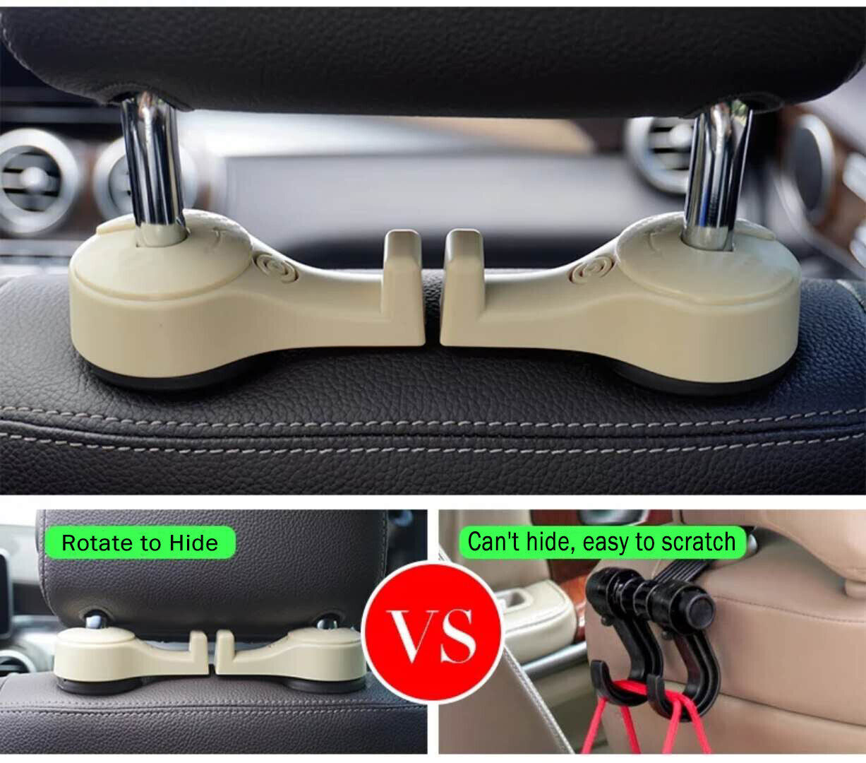 2PC Car Seat Hook With Phone Holder Hanger Headrest Auto Organizer Stand Black