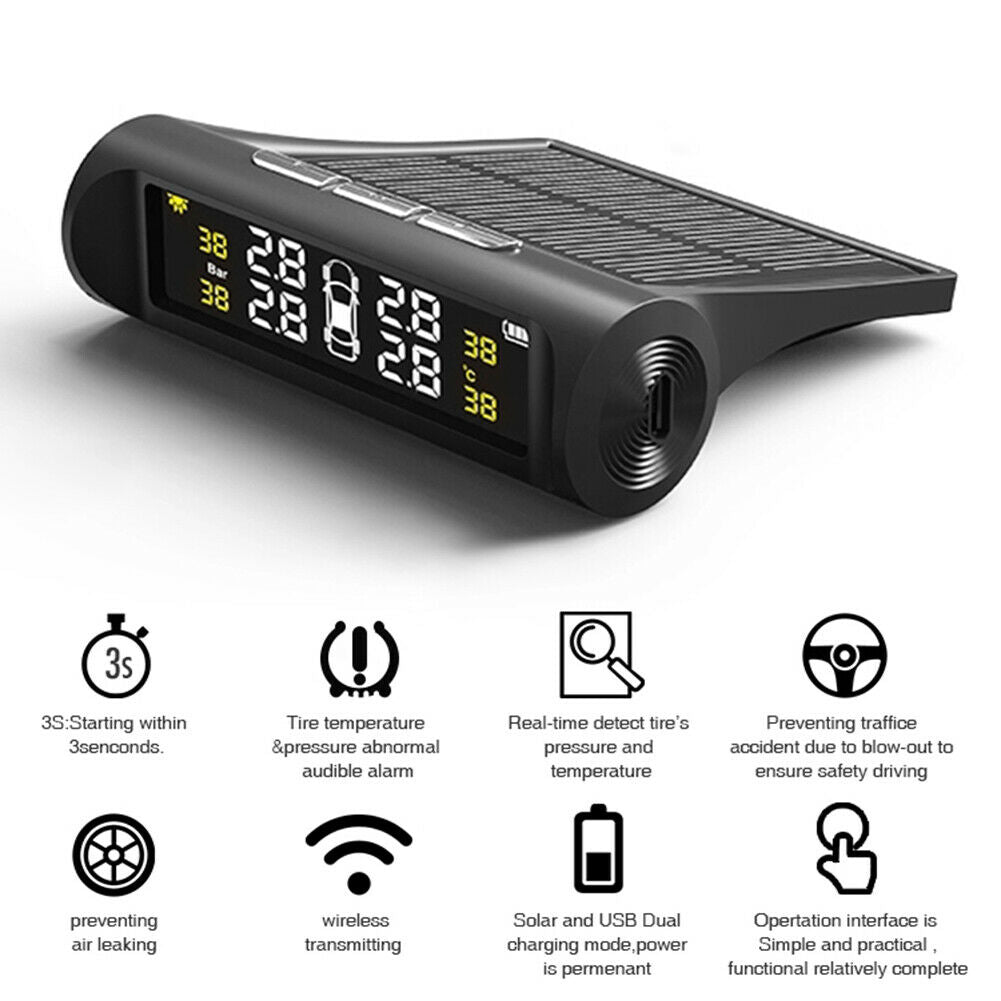 Solar Tyre Pressure Monitoring System TPMS Car LCD + 4 Wireless Sensors